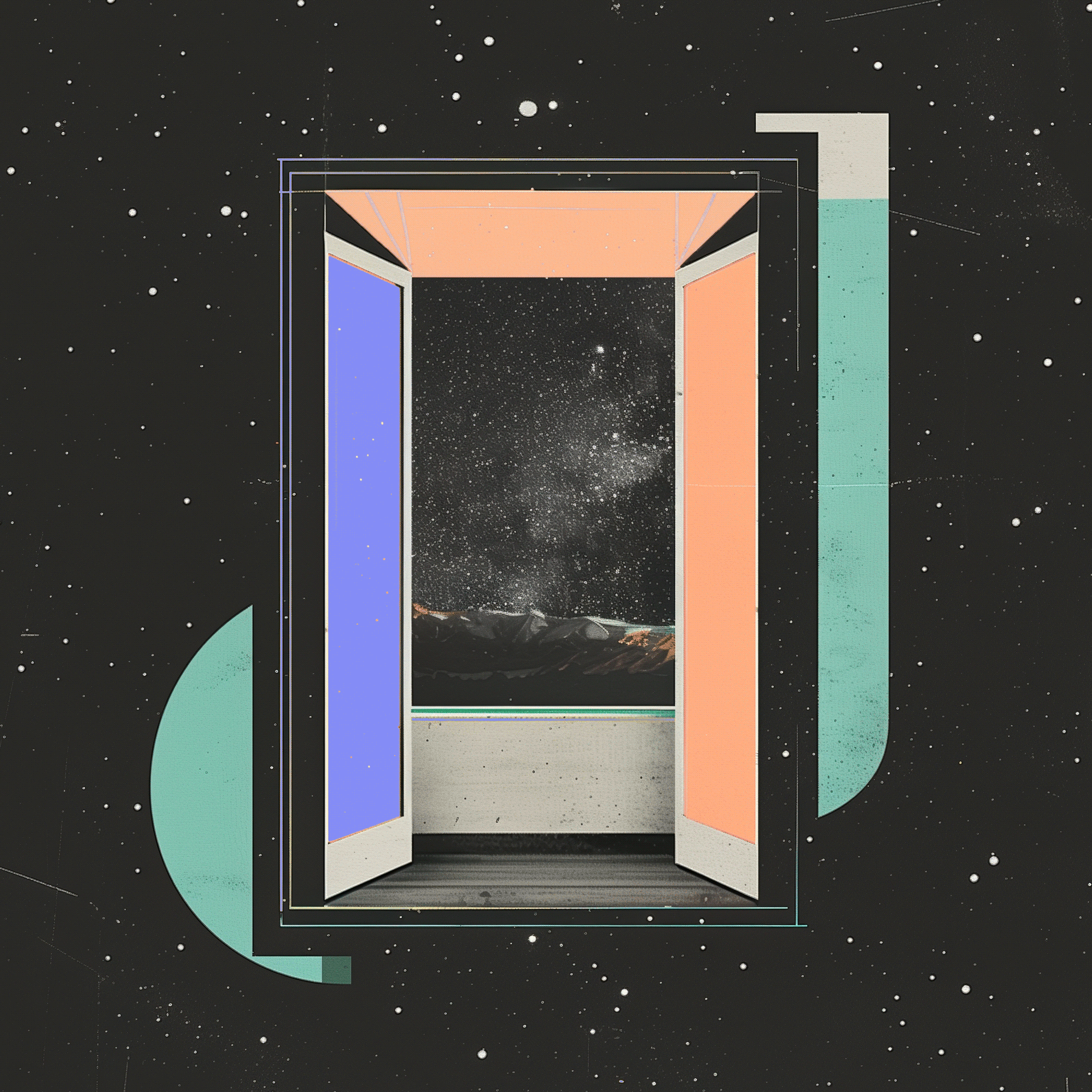 semi-transparent spheres hanging in space among cube-shaped frames